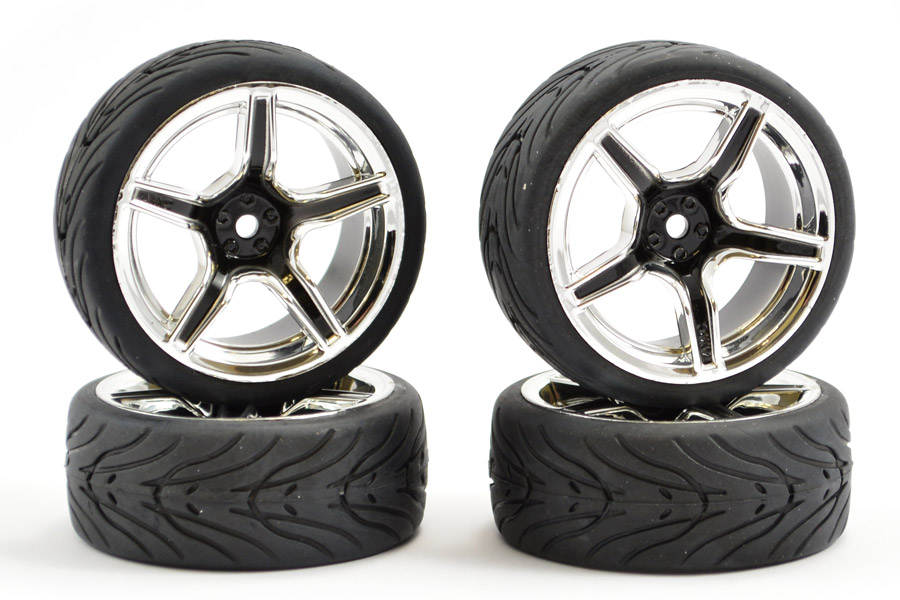 Fastrax 0095BC 1/10 Street Wheels with Treaded Tyres (Black/Chrome, 5 Spoke) (Std Hex) (4)